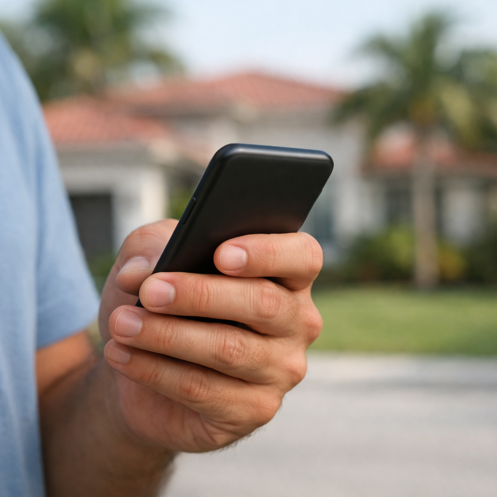 Miami homeowner using a phone to explore home selling options in South Florida
