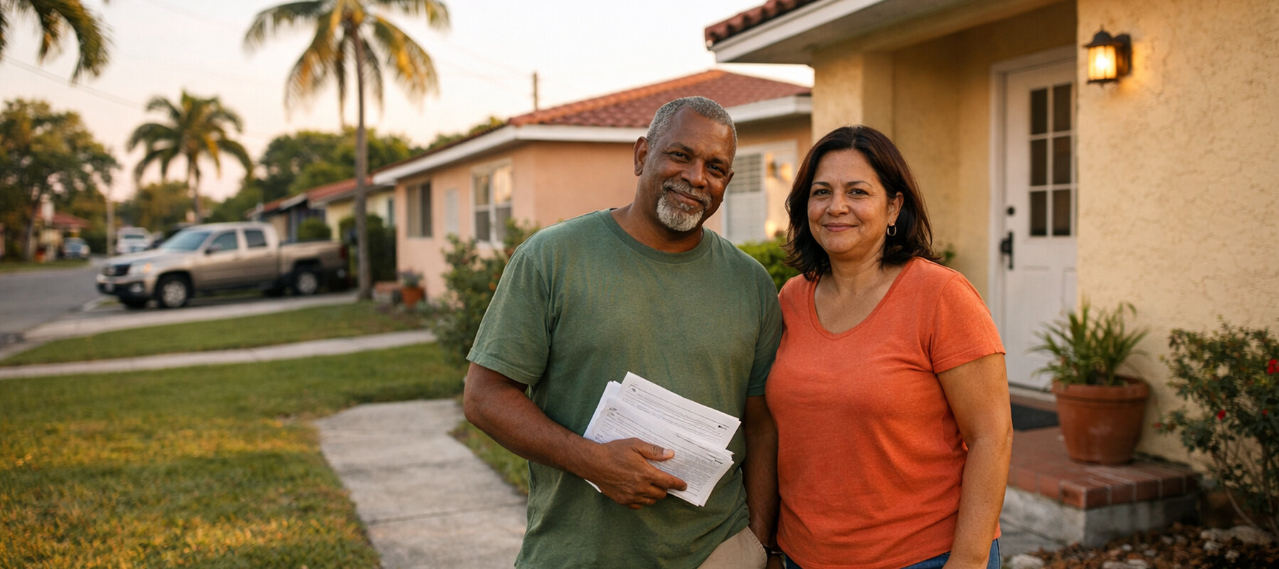 Middle-aged South Florida homeowners standing outside their single-family home in Miami-Dade County, holding paperwork with relieved, calm expressions at sunset.