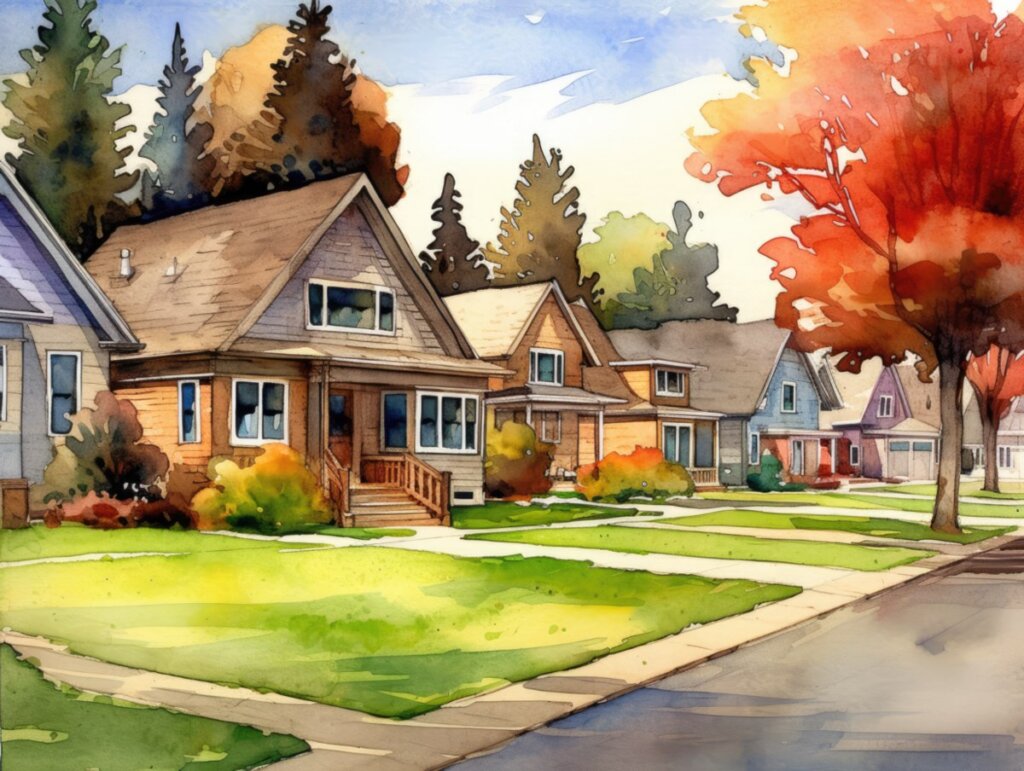 A captivating watercolor illustration of a vibrant suburban neighborhood evoking excitement for home investors