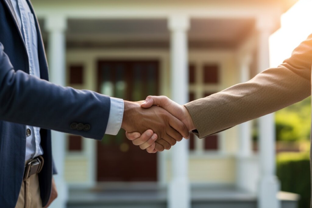 An image of a homeowner shaking hands with a real estate investor signifying a successful home sale