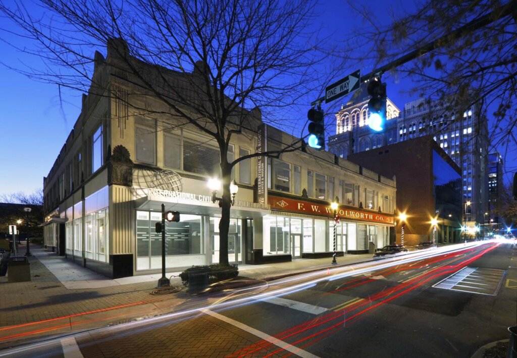 Street corner view of downtown Greensboro North Carolina at night