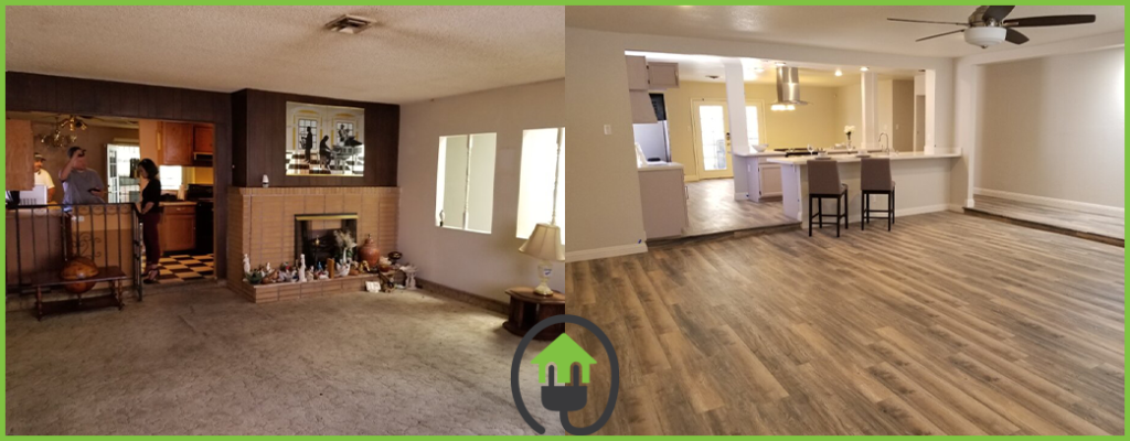 Side-By-Side Before And After Comparison Of A Living Room Renovation, Showing Transformation From A Cluttered, Carpeted Space To A Modern, Open-Concept Room With Hardwood Floors And Updated Kitchen