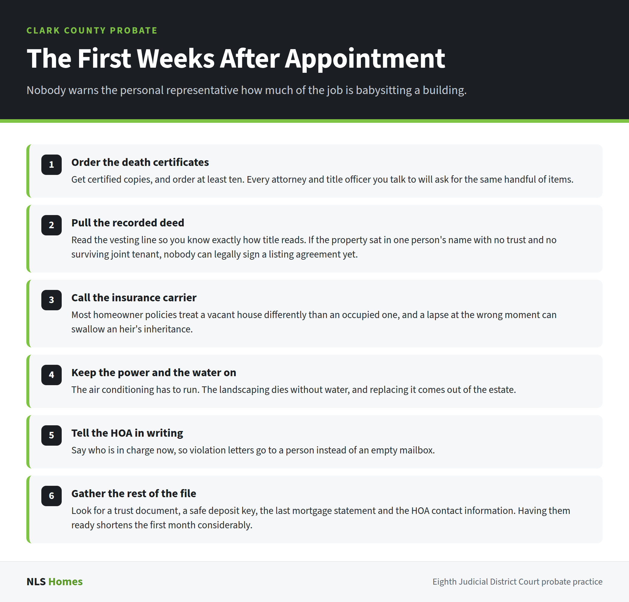 Six-step checklist for a newly appointed personal representative in Clark County probate, from ordering at least ten certified death certificates and pulling the recorded deed to calling the insurance carrier about vacancy, keeping the power and water on, and notifying the HOA in writing.