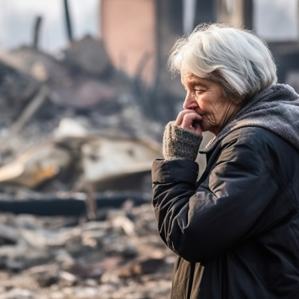 old lady devastated in the aftermath of house fire