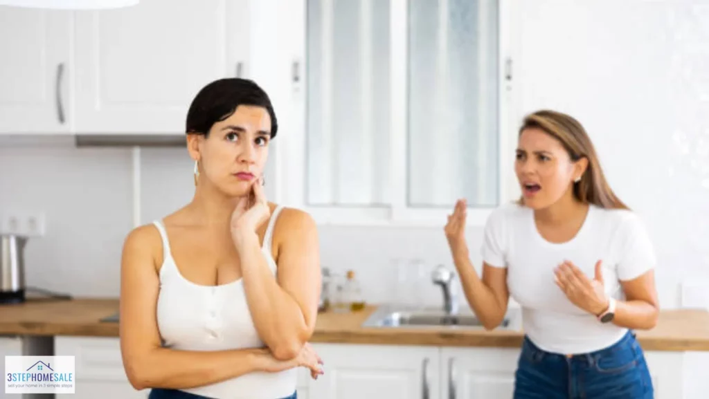 sisters arguing in the kitchen, the other sister is not listening