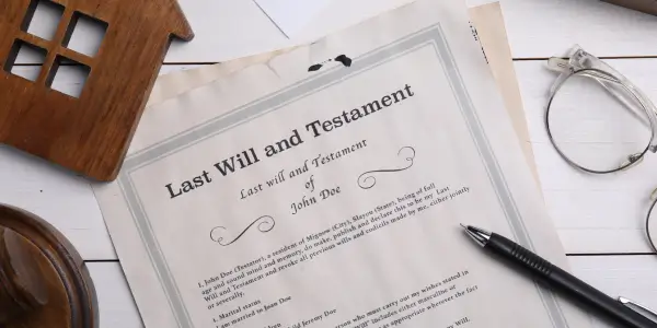 last will and testament document on a desk with a wooden miniature house with a pen and glasses around it