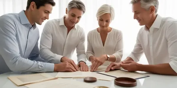 four siblings reviewing documents related to their inheritance