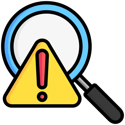 A magnifying glass behind a yellow warning sign