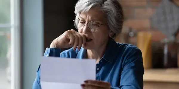 a woman reading a piece of paper