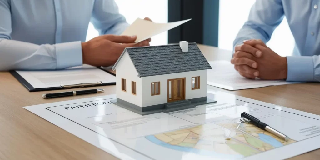 a small mini house between two persons discussing the will