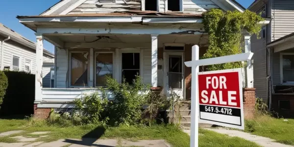 a house in bad shape with a for sale sign displayed at the front