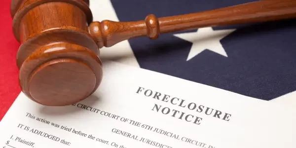 A foreclosure notice and a gavel on top of a flag, symbolizing financial distress and property loss.