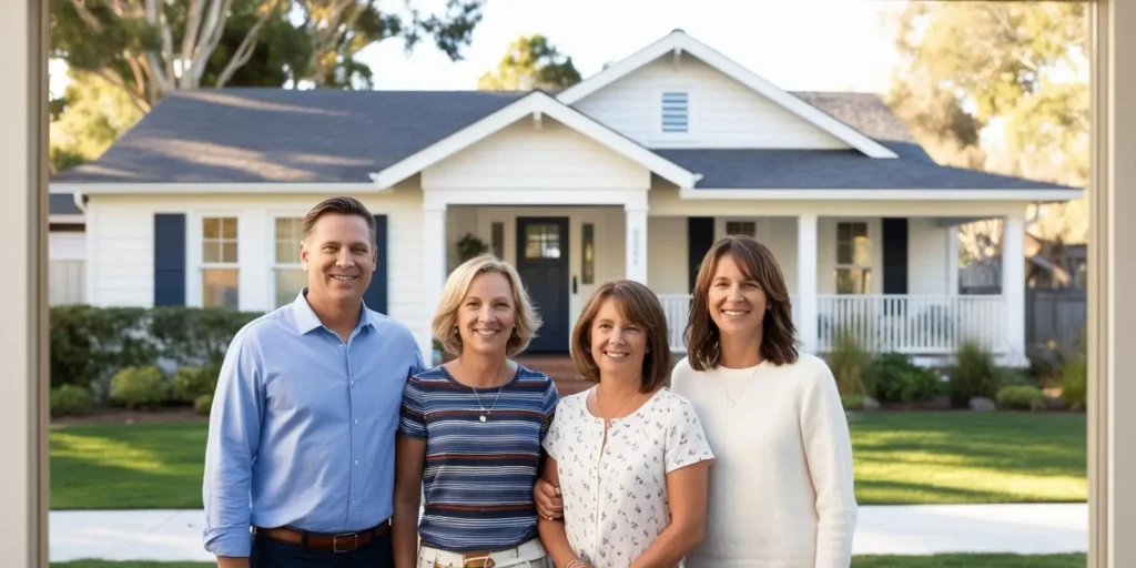 four siblings posed for a picture in front of their parent's house