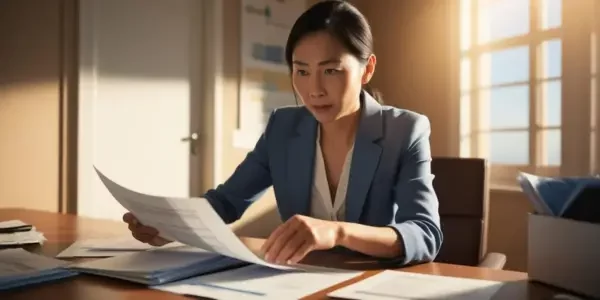 a lady reading a sheet of paper about selling distressed property