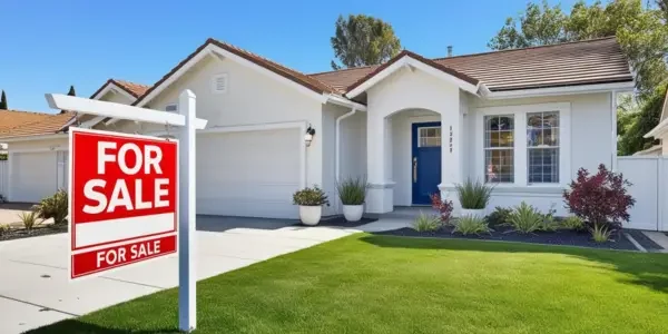 a for sale sign displayed in front of a 1-story house