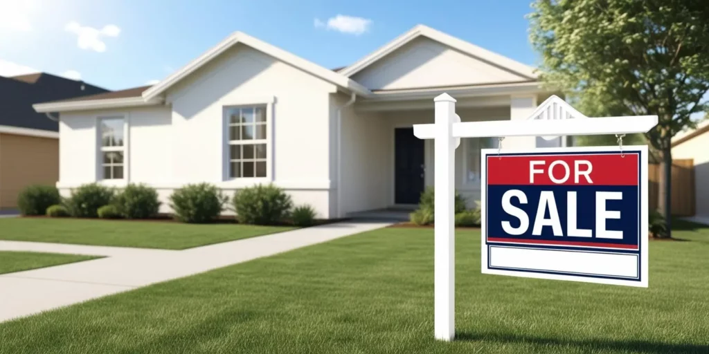 a for sale sign in front of a simple 1-story white house
