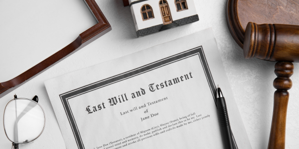 Last will and testament on a desk with a gavel and glasses, focusing on selling inherited property with multiple owners.