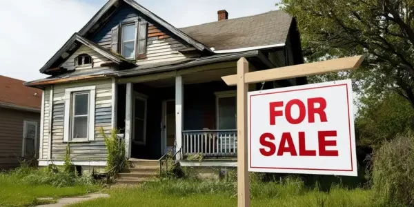 a for sale sign displayed in front of a house in bad shape