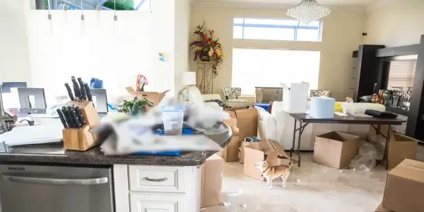 a house cluttered with boxes, sign that the owners are moving out