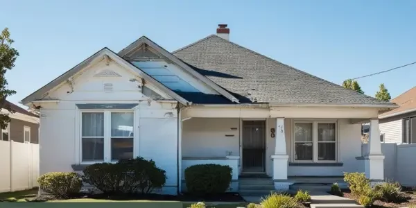 a house in bad shape with white paint and gray roof