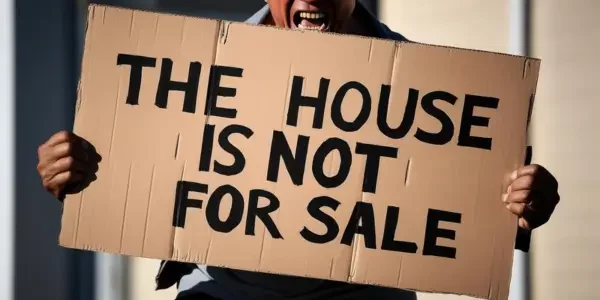 an angry man holding a cardboard with "the house is not for sale" written on it