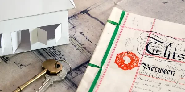 property title, a key, and a paper house