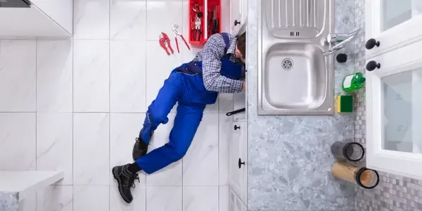 a plumber repairing the under sink