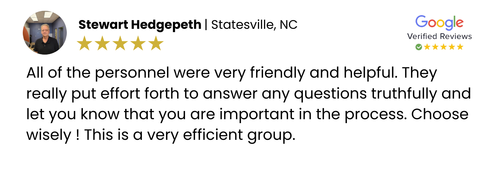 5 star review from Statesville seller