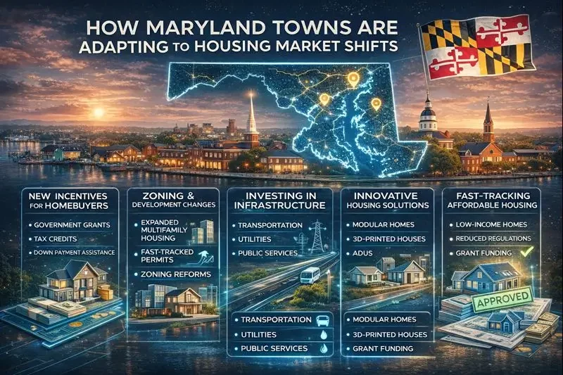 Maryland housing market adaptation infographic with map and housing icons.