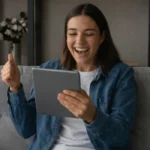 Happy homeowner reviewing a cash offer on a tablet and giving a thumbs up