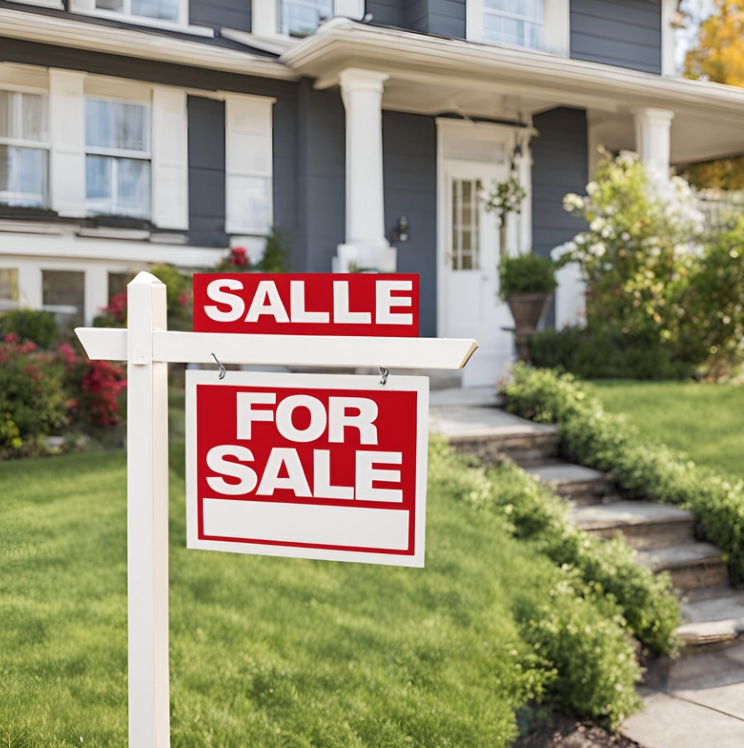 For sale sign in front of house listed for sale by realtor