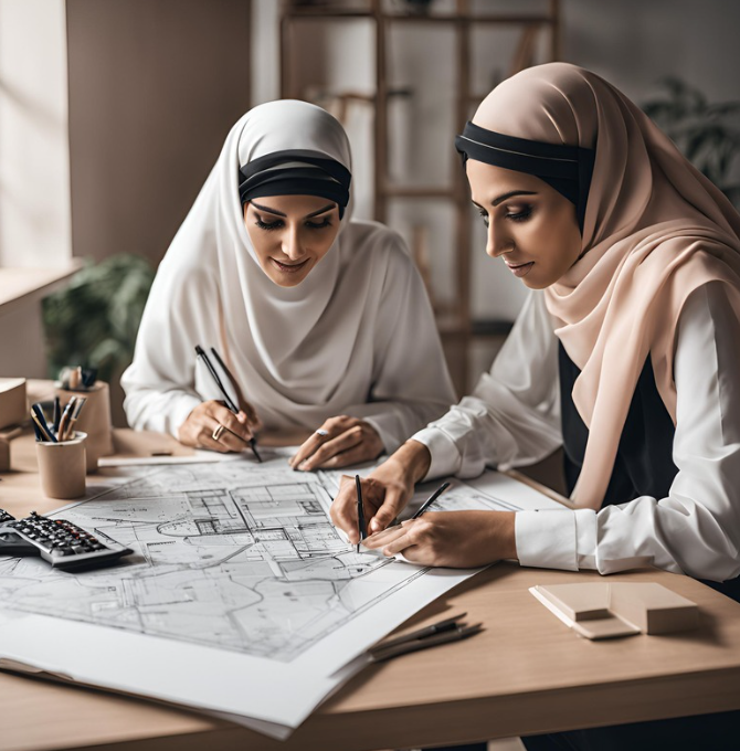 Two people reviewing house selling plans on a table