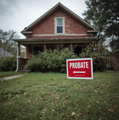 House for sale with a probate sign in front of it