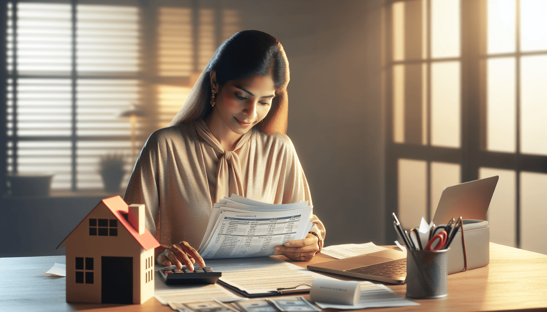 A landlord sits at a cluttered desk, reviewing financial documents related to her rental properties. The desk is filled with paper bills, a digital calculator, and a modern laptop, all set in a neat and organized office space. Warm ambient lighting creates a welcoming atmosphere as she thoughtfully engages in financial planning.