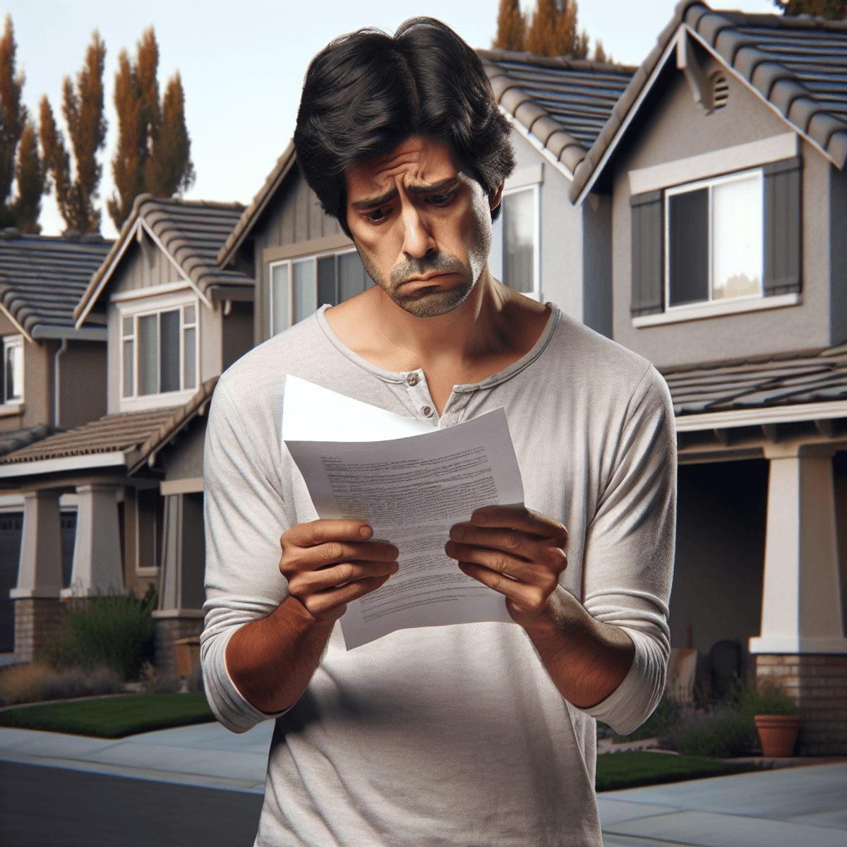 A worried Hispanic man stands in front of his suburban home, holding an unreadable piece of paper that signifies a serious concern. His expression reflects anxiety and contemplation, surrounded by identical houses that represent societal norms and pressures. The scene captures the harsh realities of foreclosure in a realistic style.