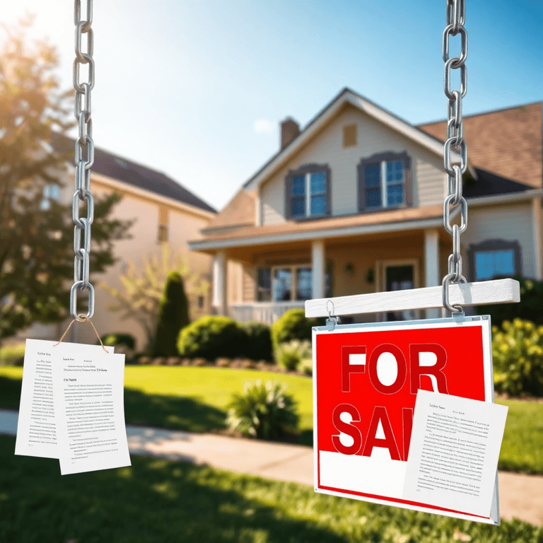 A realistic house with a "For Sale" sign in front, surrounded by symbols of legal documents and chains, set in a sunny neighborhood to convey urgency in real estate.