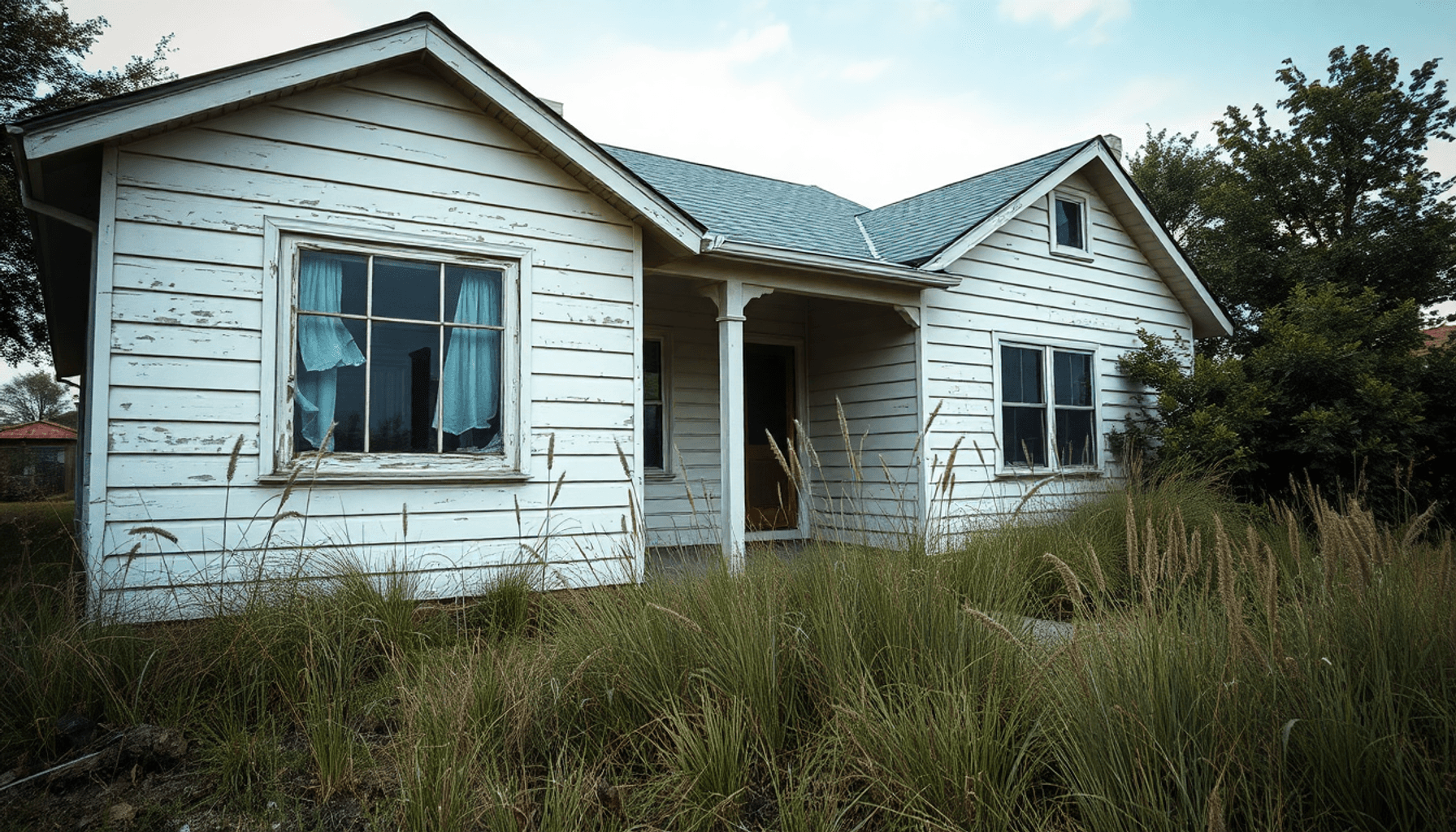 A vacant, weathered house in Texas with overgrown grass and a broken window, illustrating neglect and security risks in property maintenance.