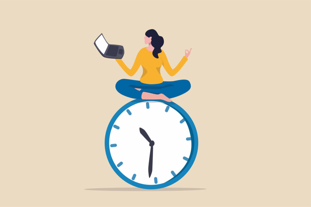 Make sure your Bloomington cash buyer is working on YOUR schedule to buy your home! Illinois woman meditating on top of clock to show flexible time.