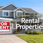 Modern house exterior with overlay text 'Beginner’s Guide to Rental Properties' for first-time real estate investors