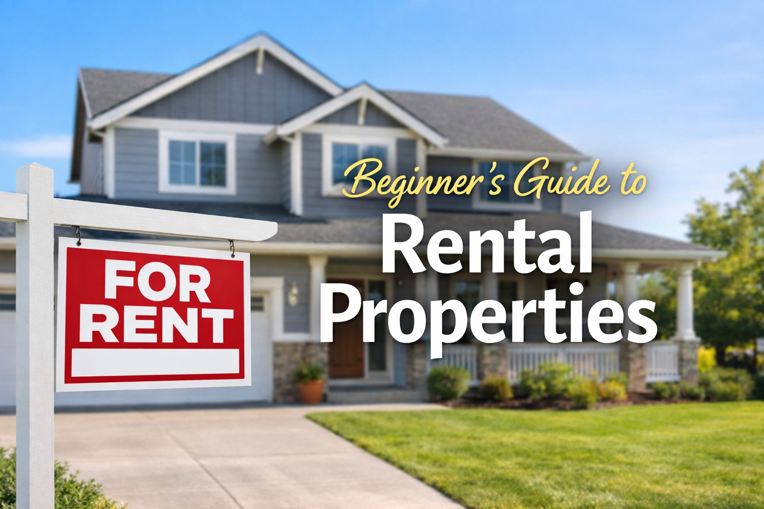 Modern house exterior with overlay text 'Beginner’s Guide to Rental Properties' for first-time real estate investors