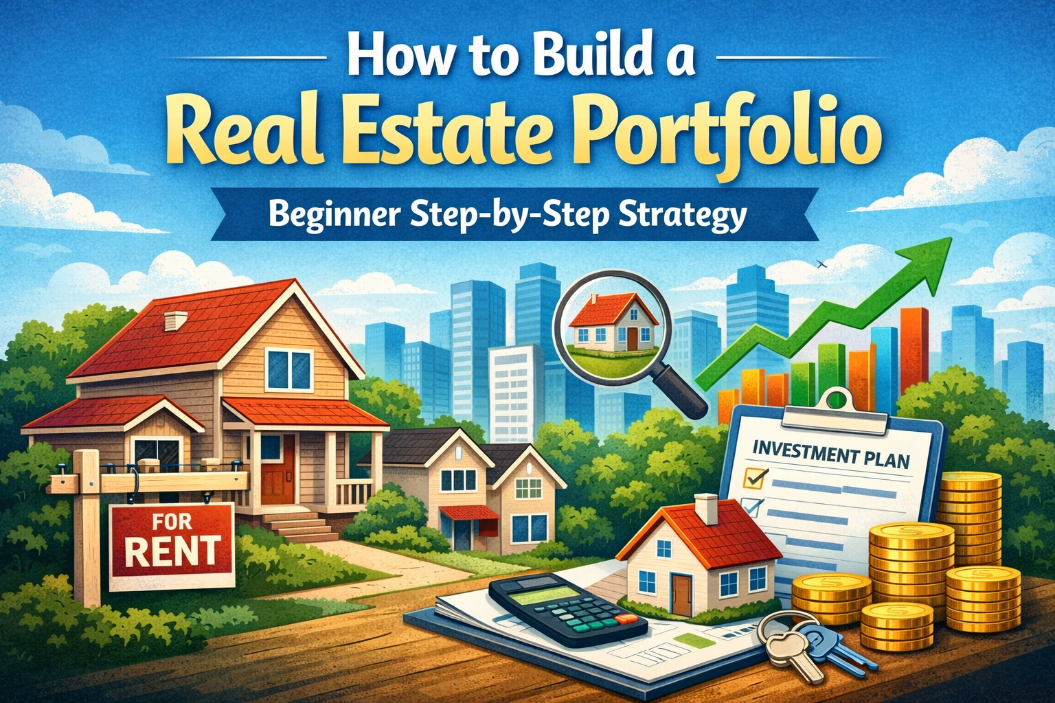 How to Build a Real Estate Portfolio illustration showing houses, rental sign, investment plan, coins, calculator, and upward growth chart for beginner real estate investing guide.