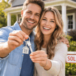 Happy couple holding keys and smiling in front of their house - Sell house for cash