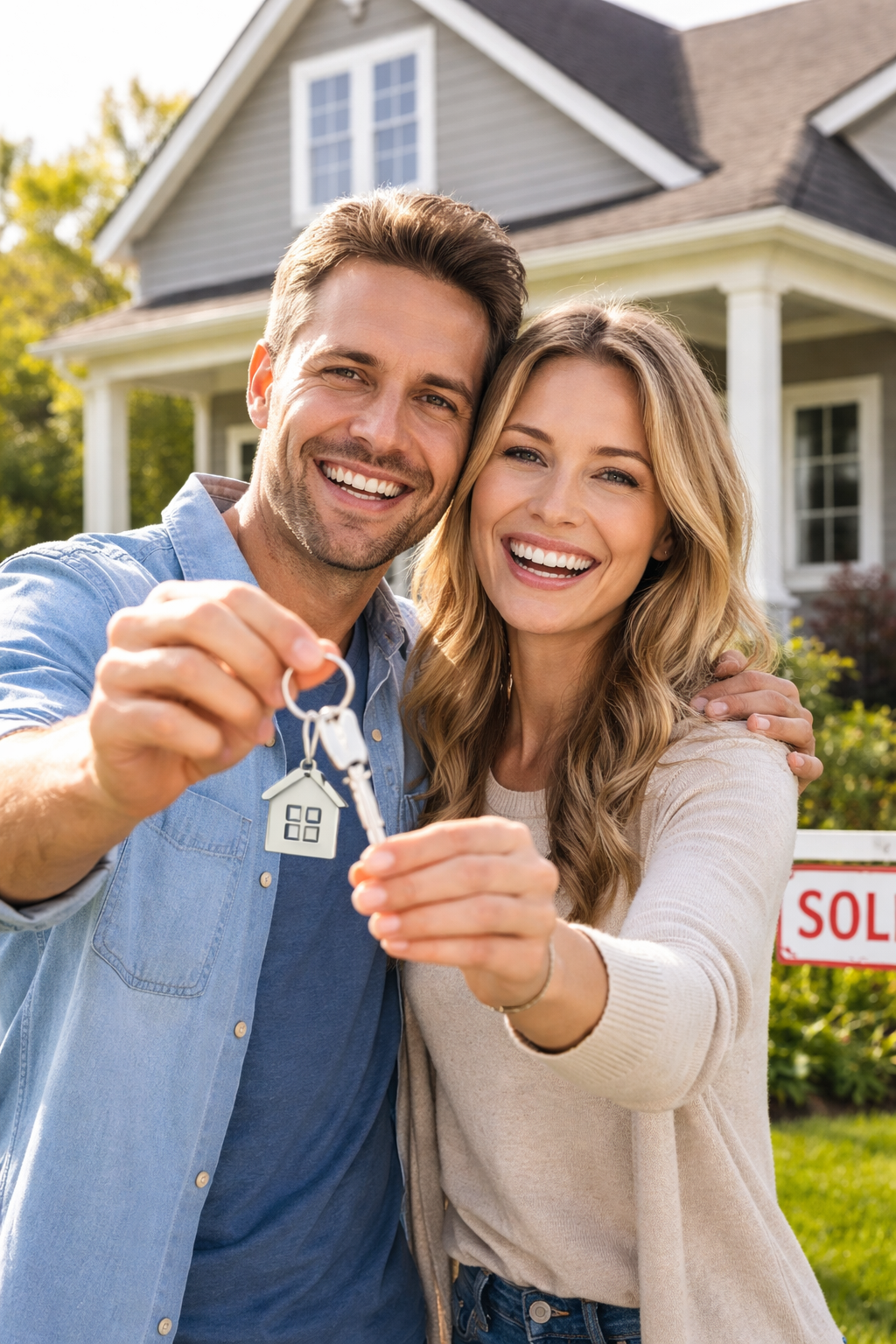 Happy couple holding keys and smiling in front of their house - Sell house for cash