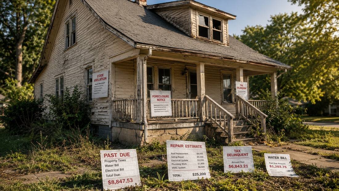 Distressed home with a stack of overdue bills, illustrating a homeowner under financial pressure