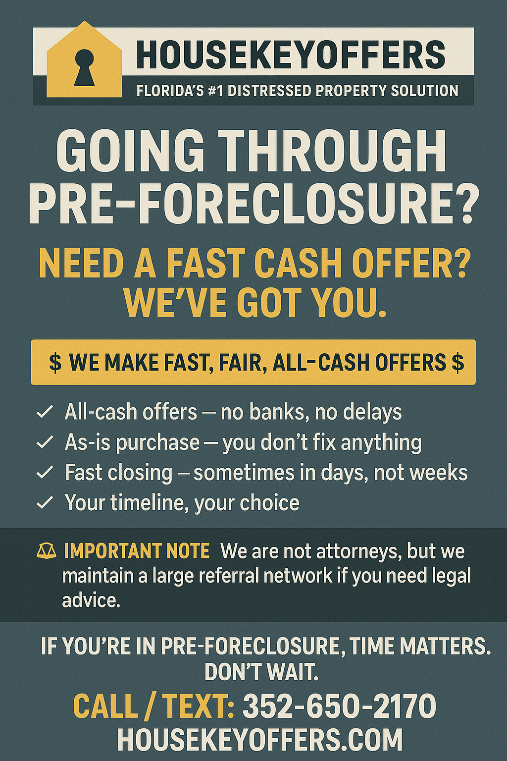 HouseKeyOffers pre-foreclosure cash offer advertisement showing fast all-cash home buying services for Florida homeowners who need to sell quickly and avoid foreclosure.