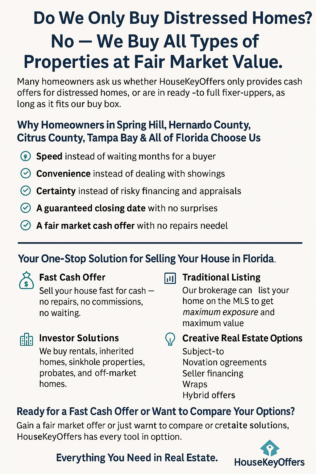 Infographic from HouseKeyOffers explaining that they buy all types of homes — not just distressed properties — highlighting benefits such as speed, convenience, fair market cash offers, investor options, traditional listings, and creative real estate solutions, with HouseKeyOffers branding.