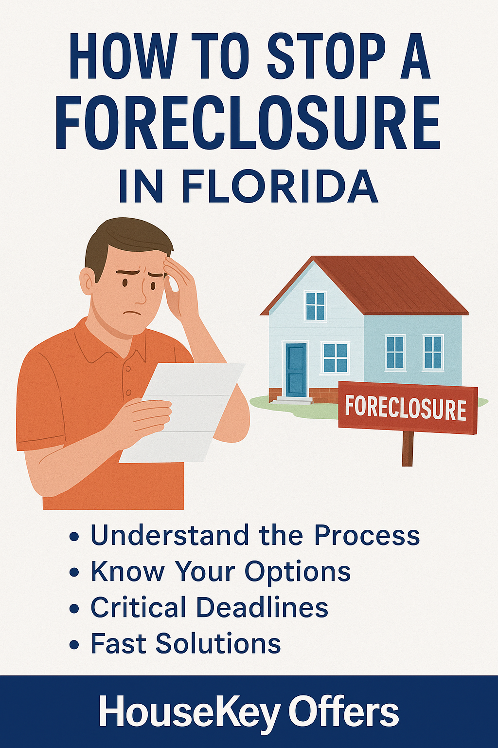 Illustration of a Florida homeowner reviewing foreclosure paperwork with a foreclosure sign in the yard, used by HouseKey Offers to explain how to stop a foreclosure in Florida.