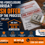 Florida pre-foreclosure marketing graphic showing foreclosure documents, cash, and a house model promoting fast cash offers to help homeowners stop foreclosure and protect their equity.