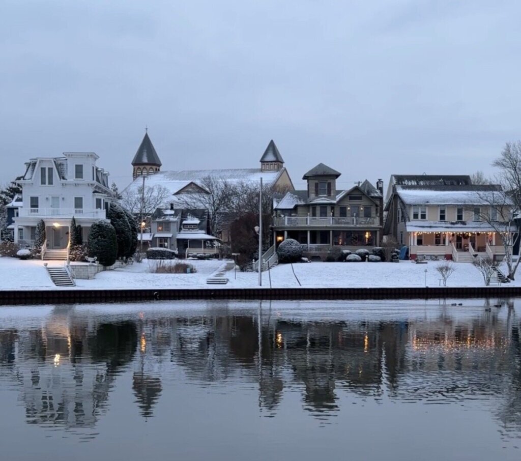 Classic Victorian homes in Ocean Grove, NJ in the winter time.