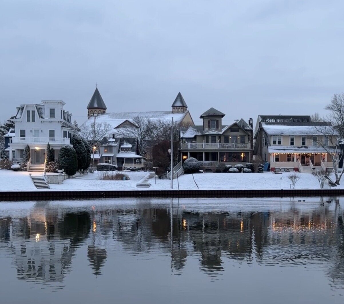 Classic Victorian homes in Ocean Grove, NJ in the winter time.